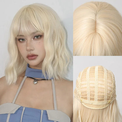 Blonde Short Curly Bob Synthetic Wig with Bangs – Platinum Golden Lolita Cosplay Wig for Women, Heat-Resistant for Daily & Party Use