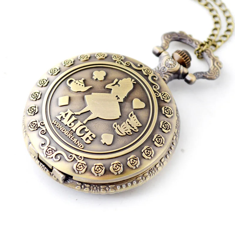 Disney Retro Alice in Wonderland Bronze Quartz Pocket Watch – Vintage Fob Watch Christmas & Birthday Gift