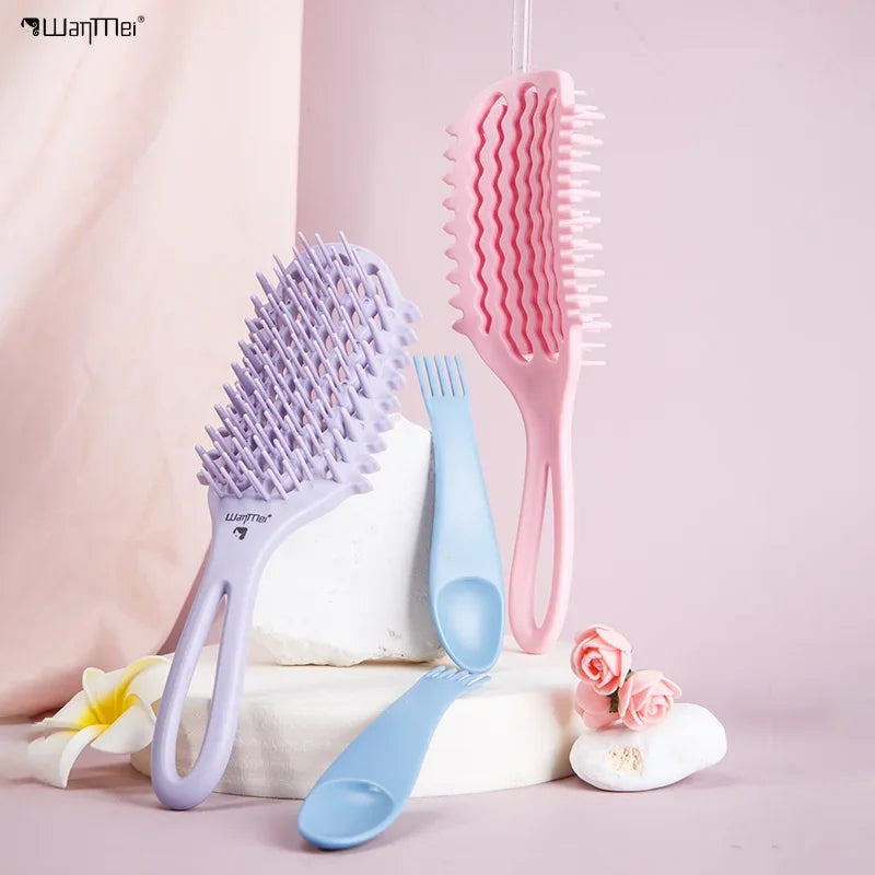 WANMEI Air Cushion Detangler Brush Set – Scalp Massage Comb, Cleaner & 52 Hair Bands, Anti-Frizz Wet/Dry Styling Tool