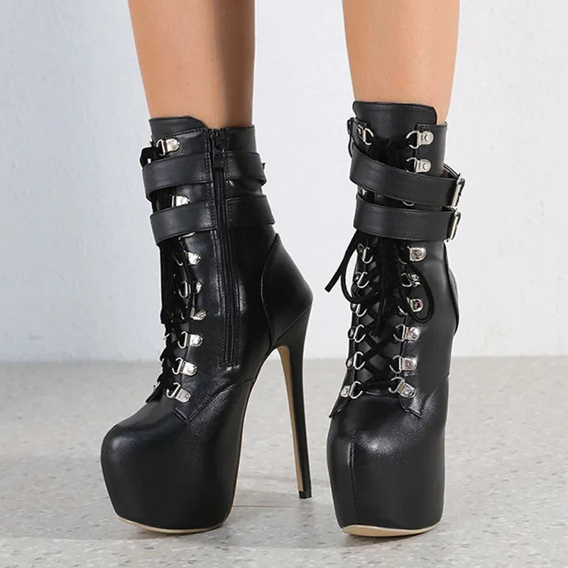 Women’s 16.5CM Extreme Platform Boots - Buckle Strap Round Toe Lace-Up Party Club High Heels
