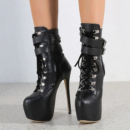 Women’s 16.5CM Extreme Platform Boots - Buckle Strap Round Toe Lace-Up Party Club High Heels