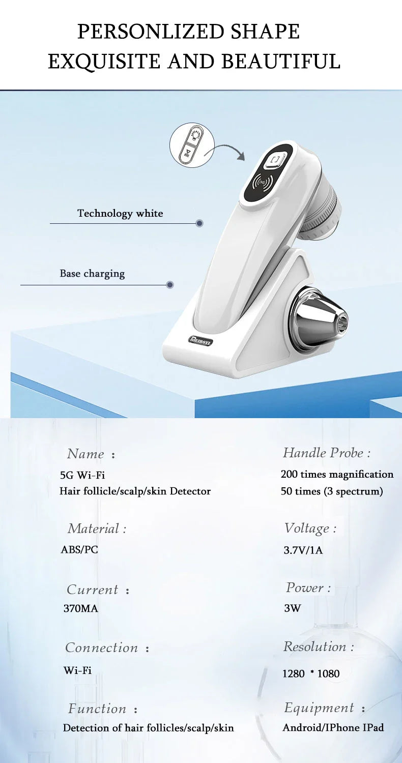 WiFi HD 5G Scalp, Skin & Hair Follicle Detector – 50X/200X Rechargeable UV Skin Analyzer Magnifier