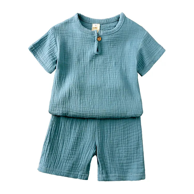 Cotton Linen Kids Summer Outfit – Solid Color Short Sleeve Tops & Shorts for Boys & Girls (Ages 2-7)