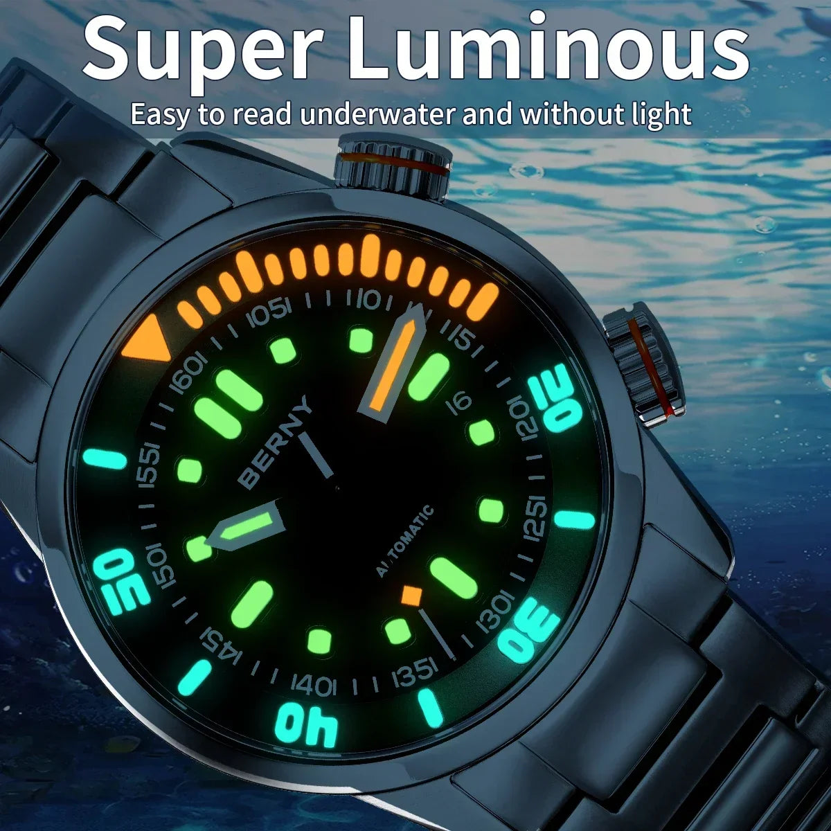 BERNY Automatic Men's Dive Watch – Super Luminous 20ATM Sapphire Wristwatch