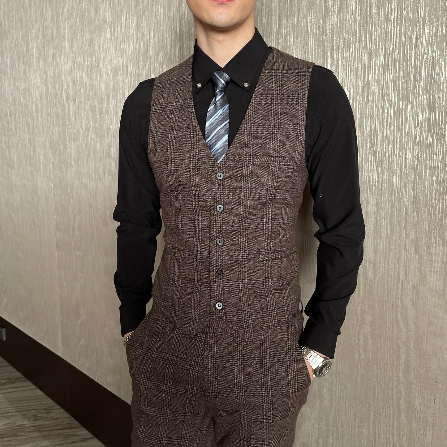 Men’s British Korean Plaid Three-Piece Suit – Stylish Business Casual Set with Blazer, Vest & Trousers