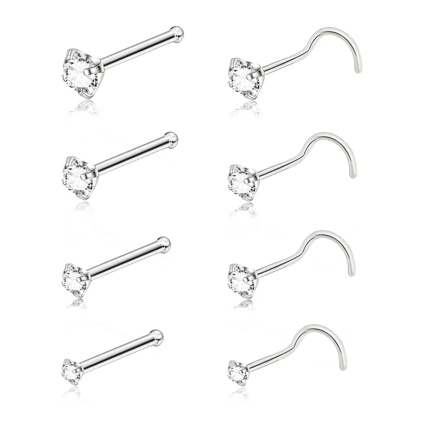 5PCS Stainless Steel Nose Ring Studs — Crystal Nostril Piercing Jewelry for Women & Girls, 1.5/2.0/2.5/3.0mm, 20G