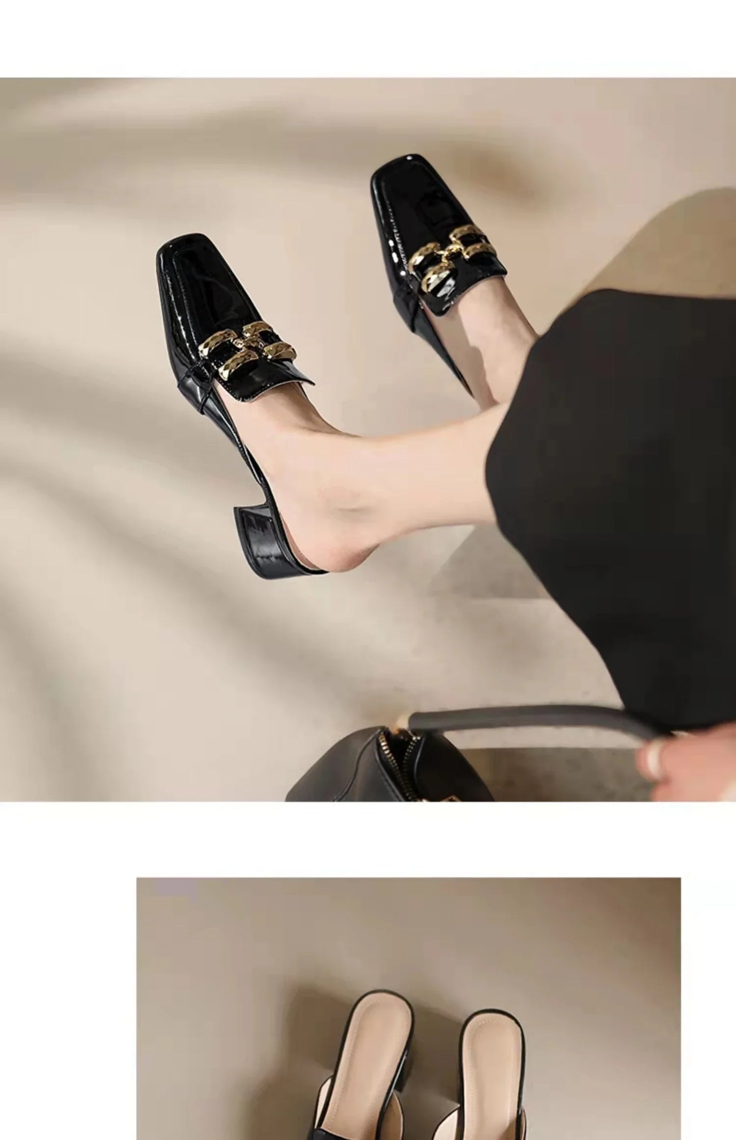 Fashion Women’s Half Slippers — Outdoor Med-Heeled Slides with Toe Chain Decoration, Luxury Square Heel Sandals 2023