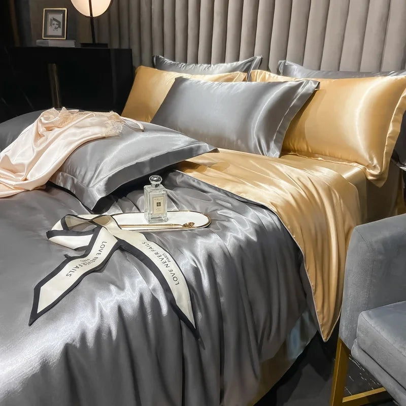 Solid Silk Bedding Set - Luxury Duvet Cover Bed Sheet Pillowcase Set For King Single Double Couple Beds