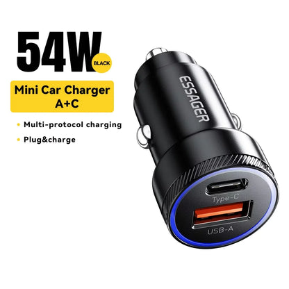Essager 54W Car Charger – 5A Fast Charging USB Type-C QC 3.0 PD 3.0 SCP Dual Port Quick Charge Adapter for iPhone, Samsung & Xiaomi Devices