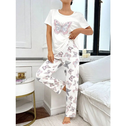 Women's Butterfly Print Pajama Set - 2-Piece Short Sleeve Top and Trousers Sleepwear