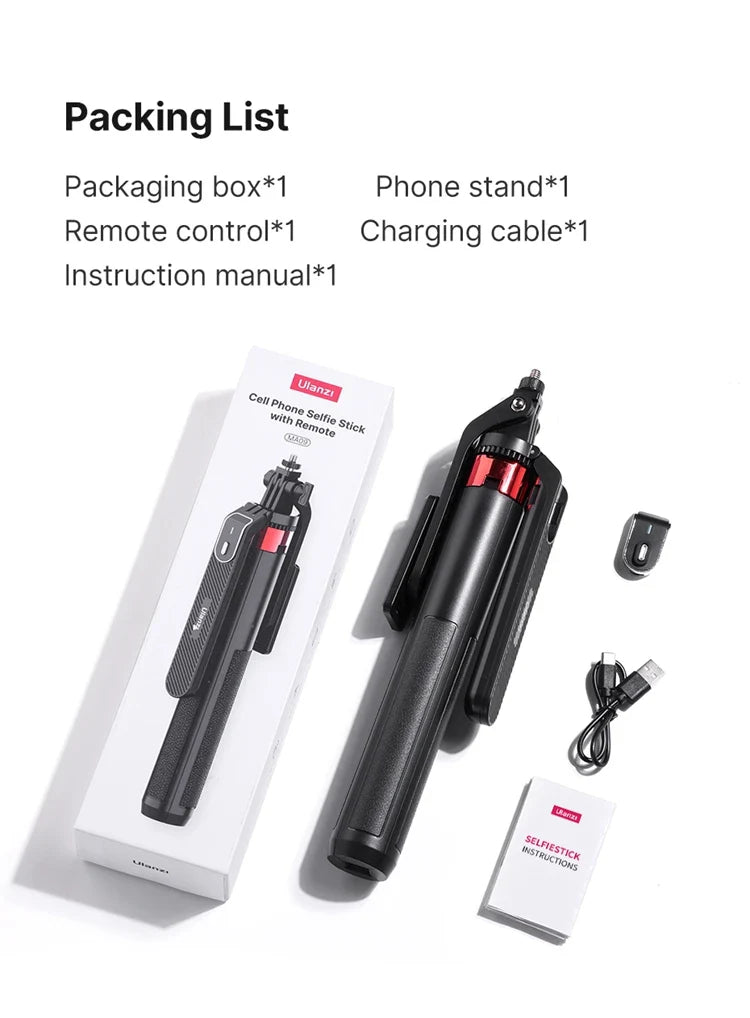 Ulanzi MA09 1.8m Selfie Stick Tripod – Remote Control Tripod for iPhone 16-13 Pro Max & Android with Panoramic Ball Head Holder