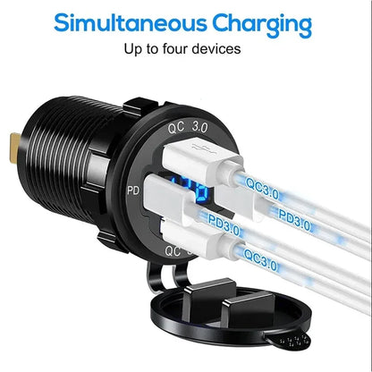 117W Dual USB Car Charger - PD & QC3.0 Fast Charging Adapter with Voltmeter Waterproof Socket for 12V/24V Vehicles