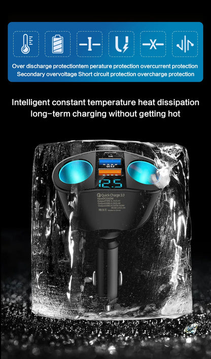Dual-Port Car Charger Adapter – Digital Display, Simultaneous Charging for Multiple Devices