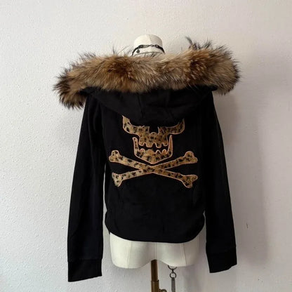 Y2K Harajuku Skull Embroidered Padded Coat - Vintage Hip Hop Faux Fur Collar Casual Couple Jacket