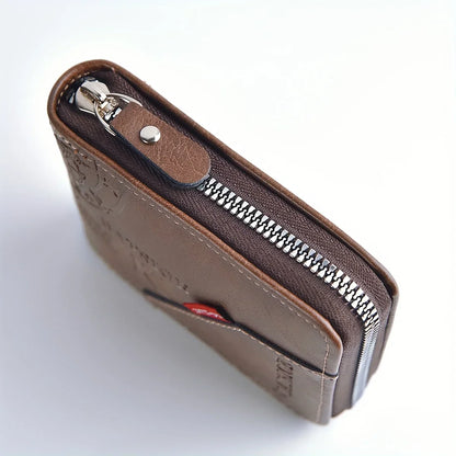 Men's PU Wax Oil Skin Wallet – Short Card Holder & Coin Purse with Zipper Around for Men