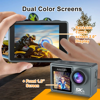 5K Action Camera – 4K 60FPS Dual IPS Touchscreen, WiFi, 170° Wide-Angle, 30M Waterproof, 5X Zoom, Anti-Shake, Remote Control