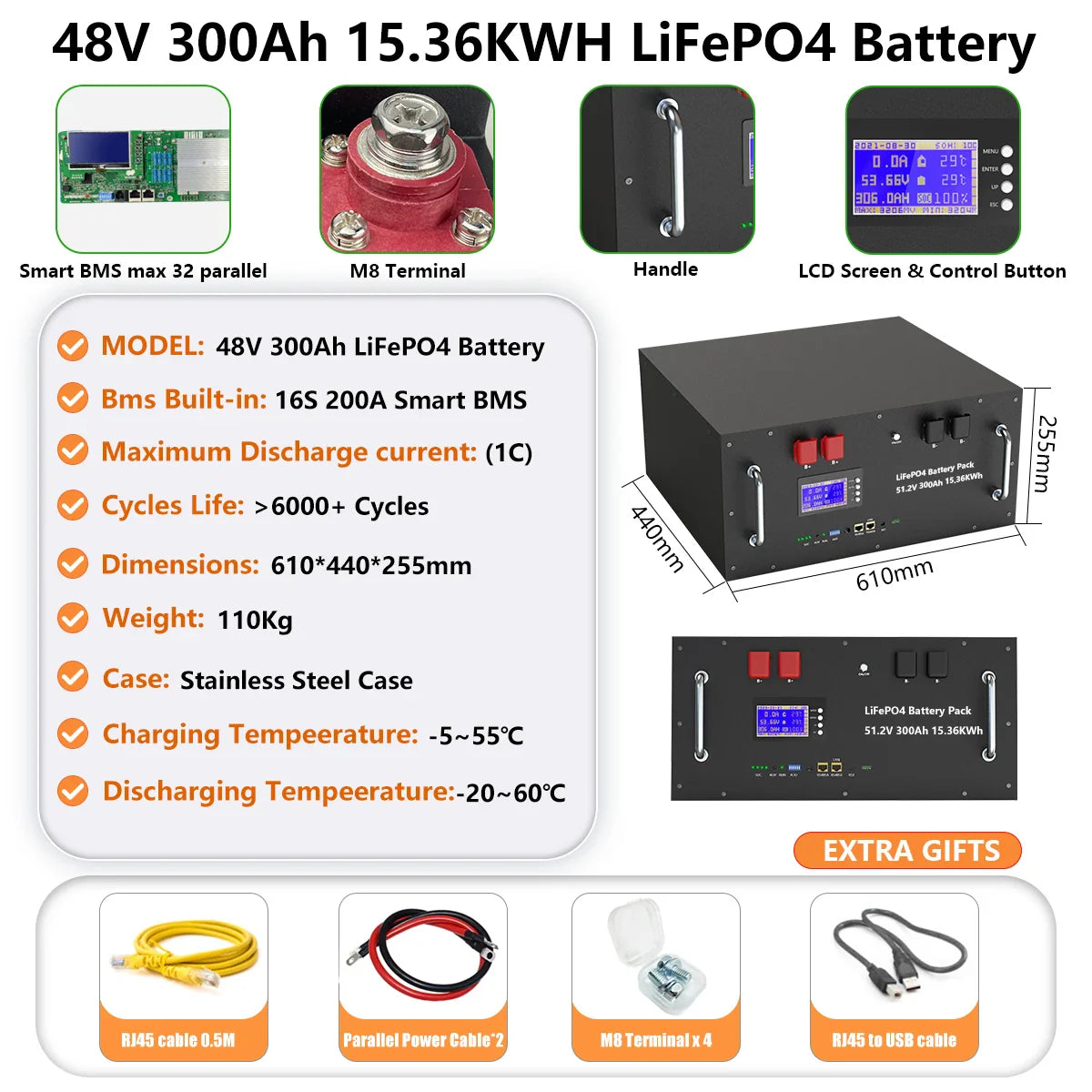 48V LiFePO4 Battery Pack — 100Ah/150Ah/200Ah 51.2V 10KW Rechargeable Lithium Solar Battery with 6000+ Cycles for Home Storage