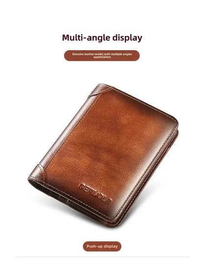 Genuine Leather Men’s Wallet – RFID Blocking Trifold, Vintage Thin ID & Credit Card Holder, Multi-Function Purse