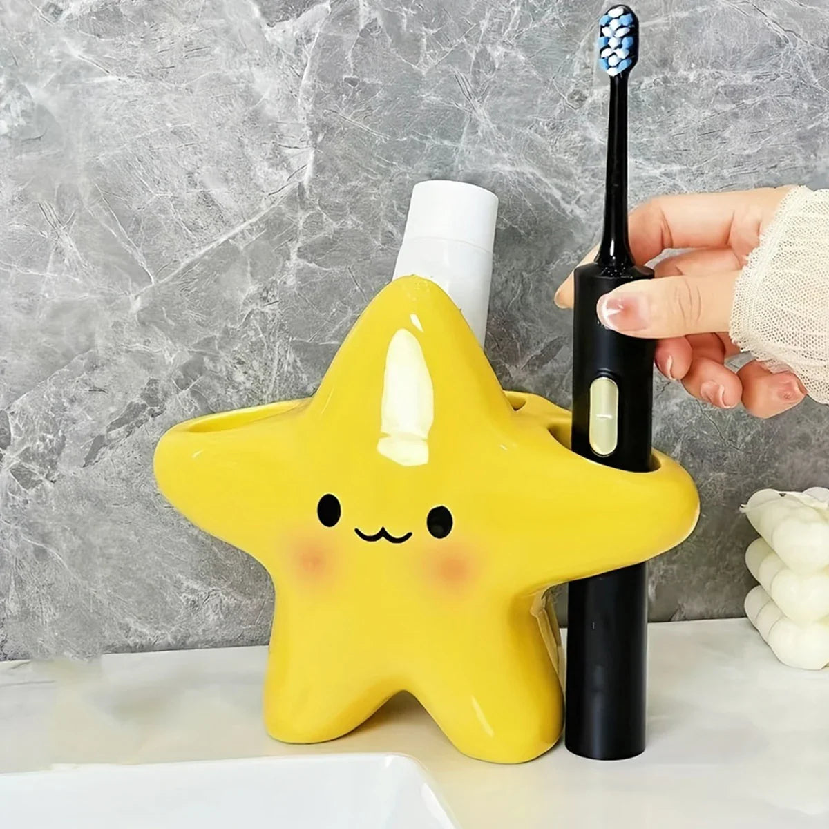 Cute Star Shaped Toothbrush Holder – Freestanding Bathroom Organizer for Toothbrush & Toothpaste Storage with Cute Face Design