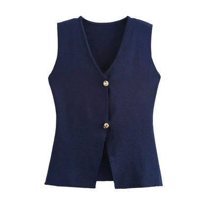 TRAF 2024 Women's Knit Vest Top – Cropped Sleeveless, Button Front, Summer Knitted Holiday Short Tops
