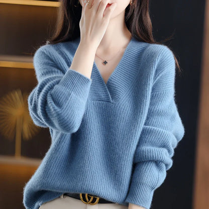 Women’s Knitted V-Neck Sweater – Long Sleeve Solid Pullover Knit Top