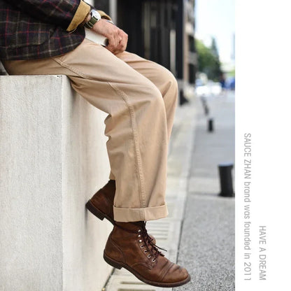 SauceZhan XX001 Chino Pants - Men's Vintage Cotton Cargo Trousers with Loose Straight Fit