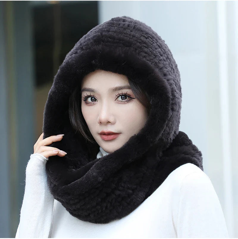 2025 Women’s Knitted Rex Rabbit Fur Hat – Hooded Scarf with Neck Collar, Long Winter Warm Fur Hat & Scarf Set