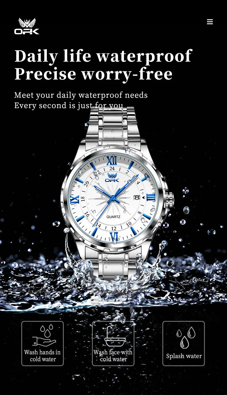 OPK Men's Quartz Watch — Steel Belt Dual Calendar Wristwatch Model 6003