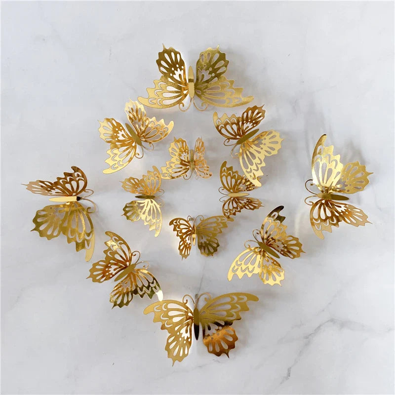 12PCS 3D Hollow Butterfly Wall Stickers – Gold, Silver & Rose Decorative Decals for Wedding, Living Room & Home Decor