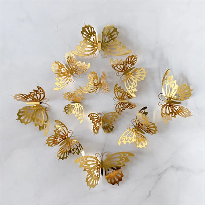 12PCS 3D Hollow Butterfly Wall Stickers – Gold, Silver & Rose Decorative Decals for Wedding, Living Room & Home Decor