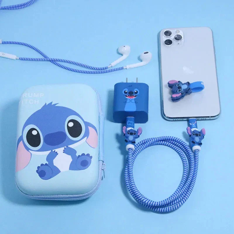Disney Stitch iPhone Charger Cable Protector Case – Cute Storage Bags and Winder Sticker for Data Line and Earphones