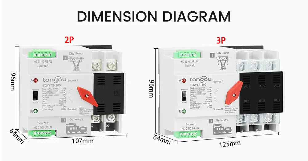 TONGOU Din Rail ATS Dual Power Automatic Transfer Switch – 2P 3P 4P Electrical Selector, Uninterrupted Power, 63A-100A Mini