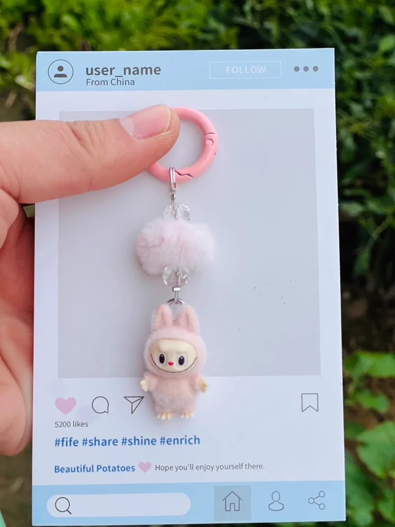 Labubu Mini Flocking Doll Keychain – Standing & Sitting Car, Bag, Phone, Backpack Charm Gift