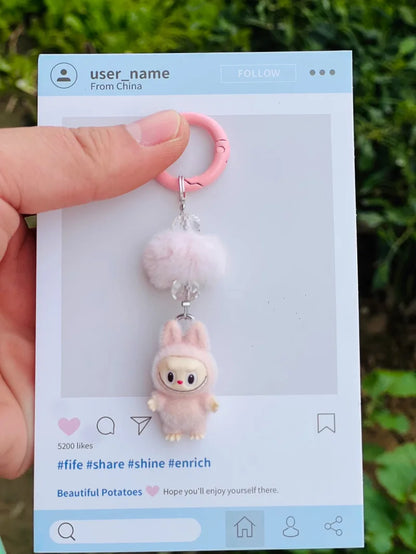 Labubu Mini Flocking Doll Keychain – Standing & Sitting Car, Bag, Phone, Backpack Charm Gift