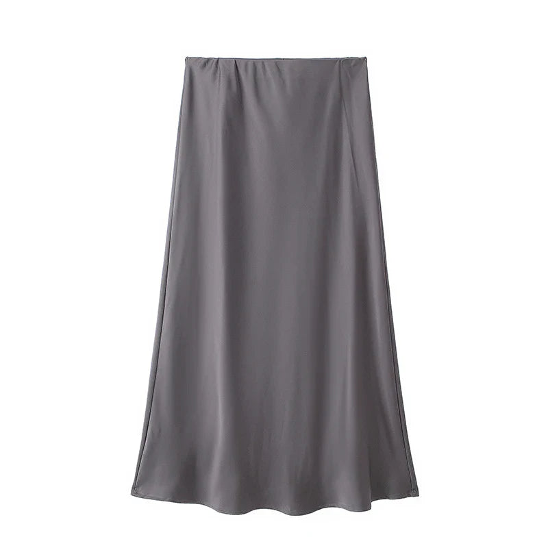 Willshela 2024 Women’s Black Satin High Waist Midi Skirt – Elegant Long Office & Summer Fashion Skirt for Women, Slim Fit Casual Wear