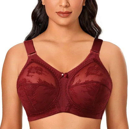 Women's Lace Minimizer Bra - Plus Size Unlined Full Coverage Wireless Bra with Adjustable Straps