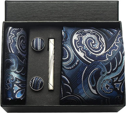 100% Silk Paisley Floral Necktie Set for Men - Premium Business Tie with Pocket Square Tie Clip Cufflinks Gift Box