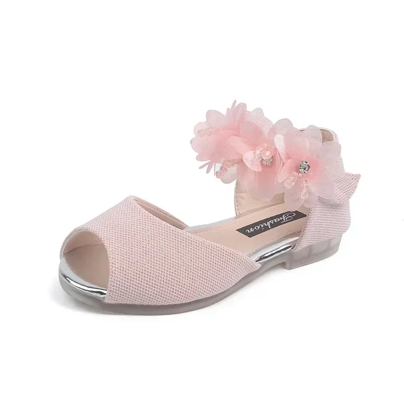 Girls Rhinestone Flower Sandals - Soft Sole Princess Dance Shoes for Kids