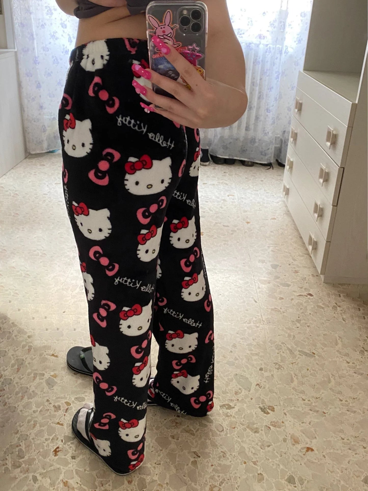 Y2K Hello Kitty Sanrio Pajama Pants – Women’s Anime Cartoon Sleepwear, Cozy Couple Home Trousers