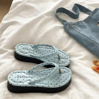 Polka Dot Platform Flip Flops - Thick Sole Breathable Non-Slip Summer Beach Sandals