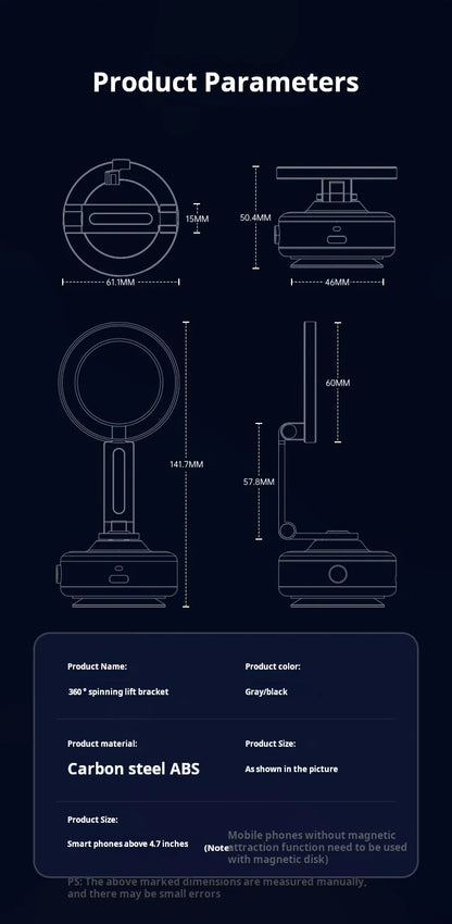 Magnetic Vacuum Adsorption Car Mount – Foldable 360° Rotating Aluminum Alloy Phone Holder for Smartphones