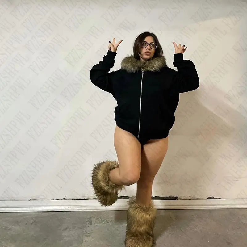 Y2K Zip-Up Hoodie with Faux Fur Collar – Harajuku Rock Goth Retro Punk Loose Jacket for Hip Hop Streetwear