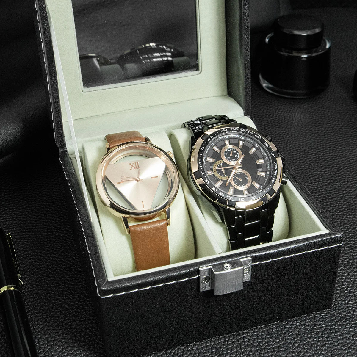 PU Leather Watch Display Box — Glass Top Storage Organizer with Slots for Men’s Watches, Perfect Gift