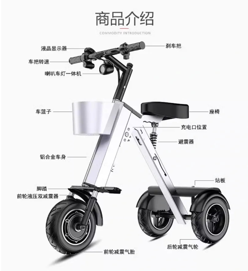 48V Folding Electric Trike – Lightweight Portable 3-Wheeled Mini Electric Scooter