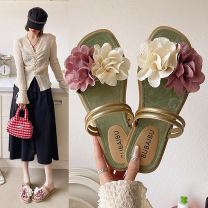 Women's Double Flower Slippers - Lightweight Flat Summer Casual Shoes