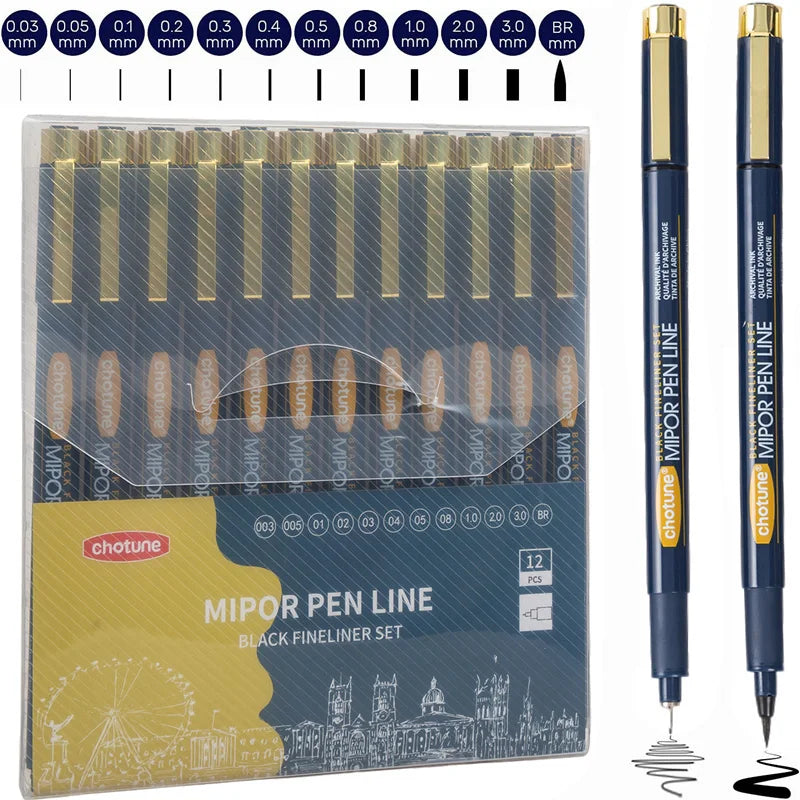 Japanese Sakura Pigma Micron Pen Set — 12 Black Fineliners for Manga, Sketching, Drawing & Comic Art
