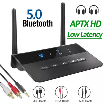 Bluetooth 5.0 Audio Transmitter Receiver 80M Range AptX HD Low Latency Wireless Adapter 3.5mm AUX & RCA for TV PC Headphones