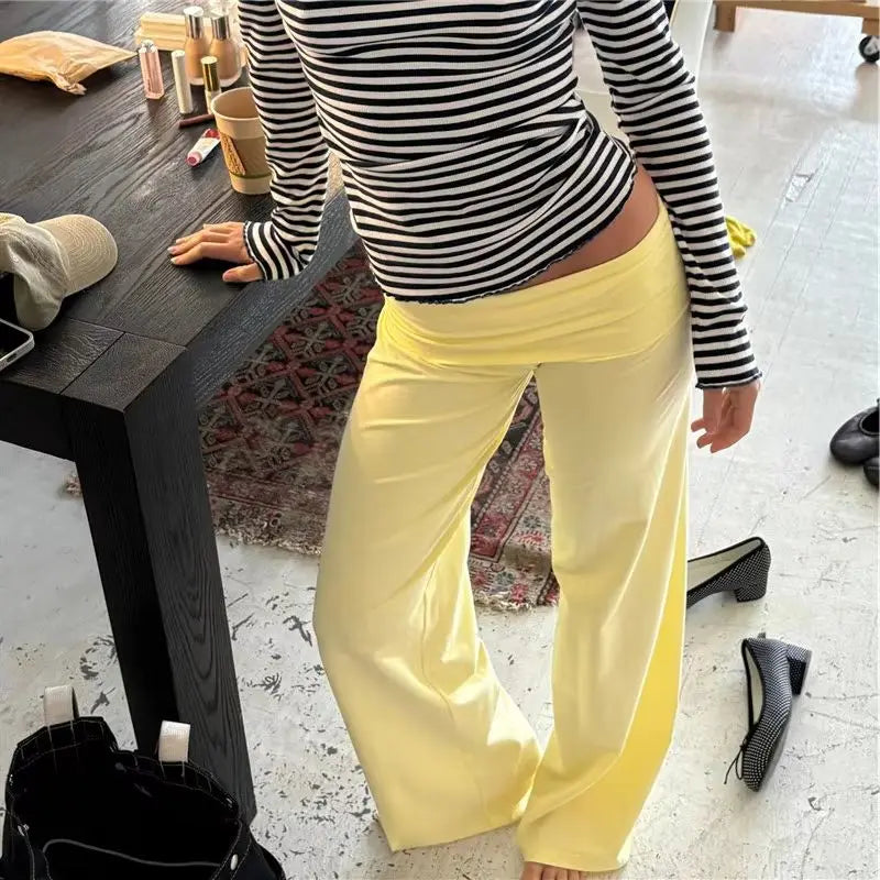Women's Wide Leg Fold Over Pants - Solid Color Y2K Casual Streetwear Trousers
