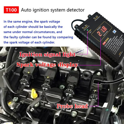 T100 Auto Ignition System Tester — 12V/24V Detector for Ignition Signal & Spark Voltage Testing