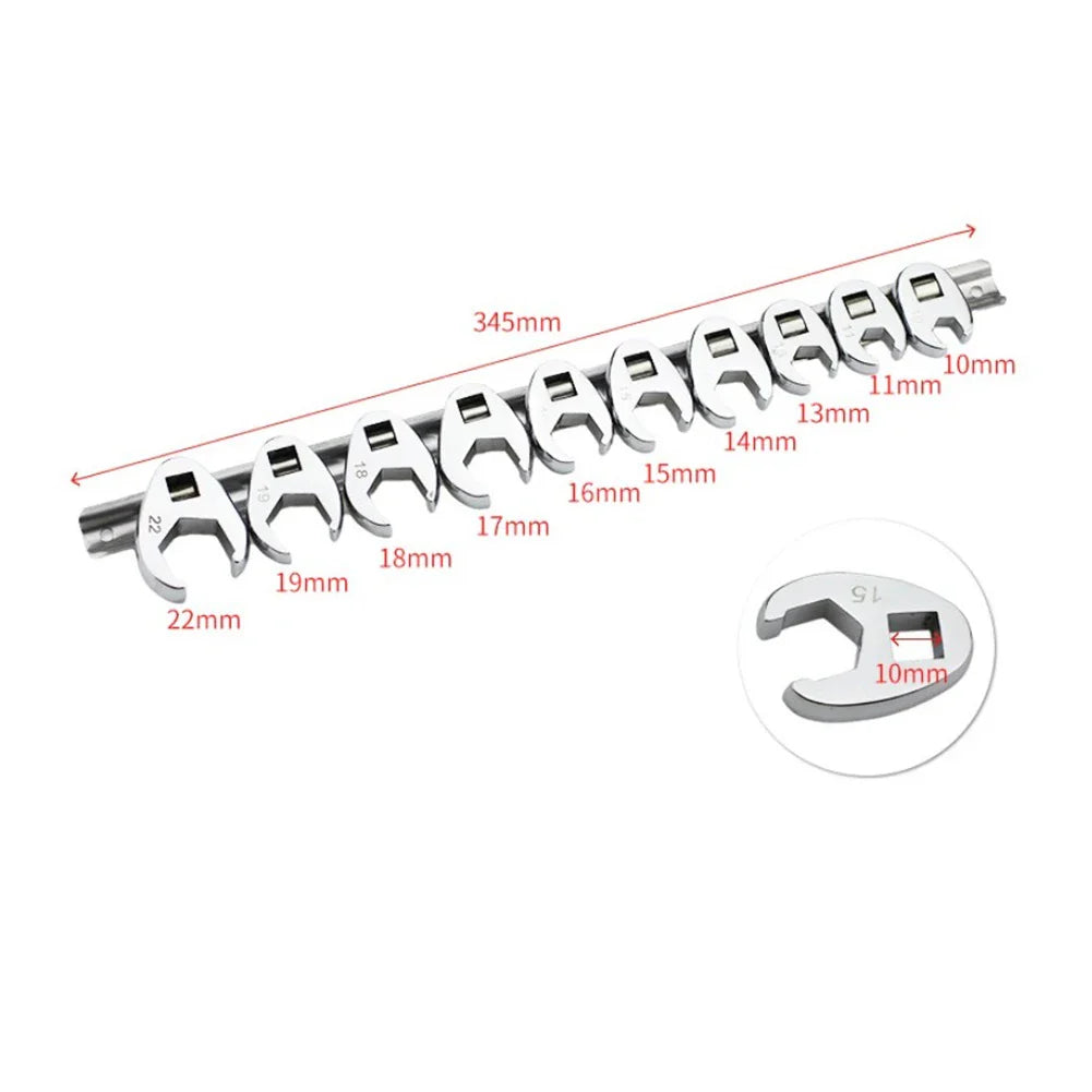 10pcs 3/8" Drive Crowfoot Wrench Set — 10-22mm Metric Open-End Spanners for Torque Wrenches